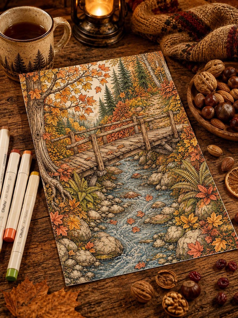 May include: A detailed colored pencil drawing of a wooden bridge spanning a rocky stream in an autumn forest. The scene features vibrant orange and yellow maple leaves, evergreen trees, and ferns. Three Ohuhu art markers lie beside the artwork.