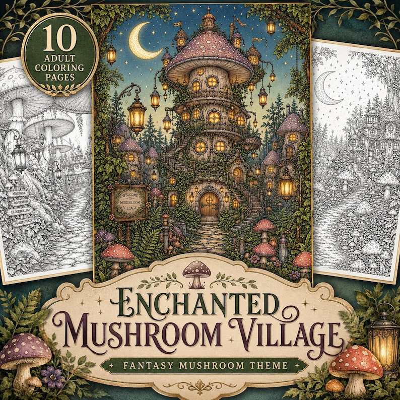 May include: A colouring book titled Enchanted Mushroom Village featuring 10 adult colouring pages. The cover displays a central illustration of a multi-story mushroom house illuminated by hanging lanterns under a crescent moon, surrounded by forest foliage.