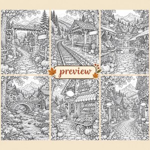 Puede incluir: Una colecci&oacute;n de seis ilustraciones detalladas en blanco y negro que muestran escenas de pueblos, paisajes monta&ntilde;osos, caminos empedrados, una estaci&oacute;n de tren, un puente de piedra sobre un arroyo y un puesto de mercado, con la palabra preview en el centro.