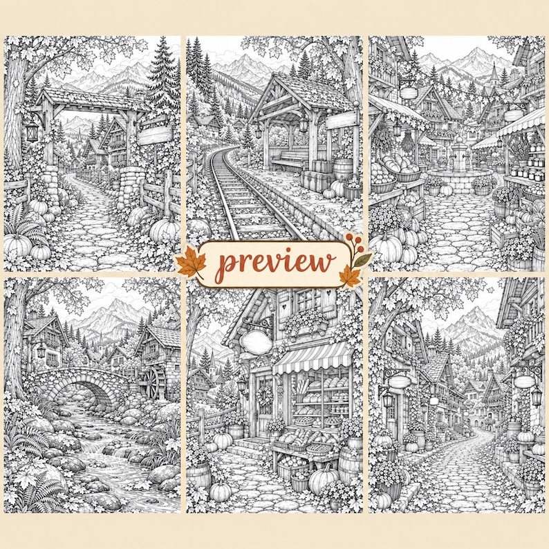 Puede incluir: Una colecci&oacute;n de seis ilustraciones detalladas en blanco y negro que muestran escenas de pueblos, paisajes monta&ntilde;osos, caminos empedrados, una estaci&oacute;n de tren, un puente de piedra sobre un arroyo y un puesto de mercado, con la palabra preview en el centro.