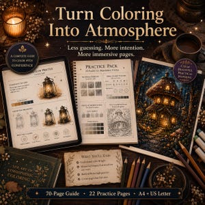 Puede incluir: Una gu&iacute;a de coloreado titulada Turn Coloring Into Atmosphere que incluye un manual de 70 p&aacute;ginas, 22 p&aacute;ginas de pr&aacute;ctica y herramientas imprimibles. El set contiene ejercicios de t&eacute;cnica, un tutorial de luz de linterna y una ilustraci&oacute;n.