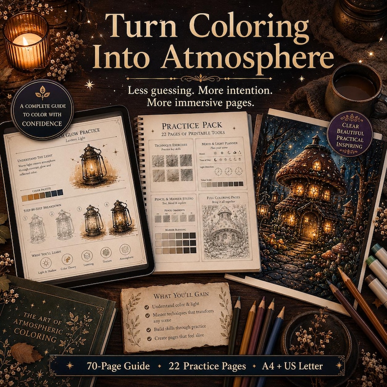 Puede incluir: Una gu&iacute;a de coloreado titulada Turn Coloring Into Atmosphere que incluye un manual de 70 p&aacute;ginas, 22 p&aacute;ginas de pr&aacute;ctica y herramientas imprimibles. El set contiene ejercicios de t&eacute;cnica, un tutorial de luz de linterna y una ilustraci&oacute;n.