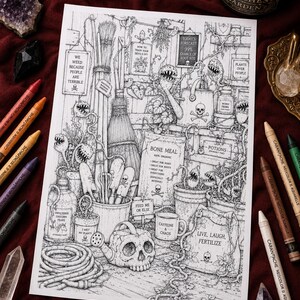 May include: A black and white coloring page featuring a garden scene with carnivorous plants, a skull-shaped watering can, gardening tools, and various signs with text including We Weed Because People Are Terrible and Live, Laugh, Fertilize.