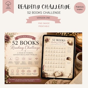 May include: A digital reading challenge tracker featuring the text 52 BOOKS Reading Challenge, A YEAR OF STORIES, ADVENTURES & NEW WORLDS. The layout includes numbered boxes from 1 to 52, a section for challenge rewards, and reading goals.