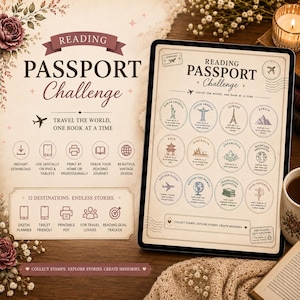 May include: A digital Reading Passport Challenge planner displayed on a tablet screen, featuring a vintage-style layout with twelve circular destination stamps, travel-themed icons, and text prompts to track reading journeys across the globe.