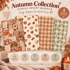 May include: A digital bundle of four Kindle insert designs featuring autumn themes. Patterns include a collage of books and pumpkins, a cream background with mugs and leaves, a brown gingham with bows, and a green gingham with scattered leaves.
