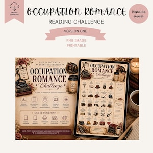 Może przedstawiać: Cyfrowe wyzwanie czytelnicze Occupation Romance do druku z układem w stylu vintage, listą kontrolną 25 pozycji, ikonami różnych zawodów oraz tekstem Occupation Romance Challenge, 25 Jobs, 25 Romances, Endless Possibilities.