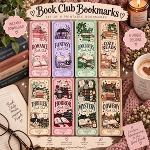 Puede incluir: Un conjunto de ocho marcapáginas rectangulares imprimibles que presentan distintos géneros literarios como Romance, Fantasy, Book Lovers, Cozy Reads, Thriller, Horror, Mystery y Cowboy, con ilustraciones y textos temáticos.