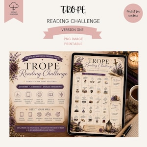 May include: A digital Trope Reading Challenge printable featuring a vintage-inspired design with purple floral accents. The layout includes a 25-square grid for tracking book tropes, a progress section, and a reward space, all displayed on a tablet screen.