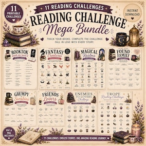 May include: A digital reading challenge mega bundle featuring 11 printable sheets with vintage-style illustrations of books, lavender, and candles. The text includes titles like BookTok, Fantasy Creatures, Magical Realms, and Enemies to Lovers.