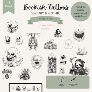 May include: A digital collection of 17 black and white Procreate stamps titled Bookish Tattoos Spooky & Gothic. The set features illustrations of ghosts, skeletons, bats, and frogs reading books, along with bookshelves and candles in a gothic style.