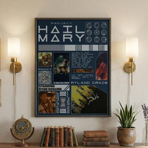 May include: A framed poster for "Project Hail Mary" with a dark blue background and white text. The poster features images and text, including "Starring Ryan Gosling." The poster is displayed above a wooden shelf with books and decor.