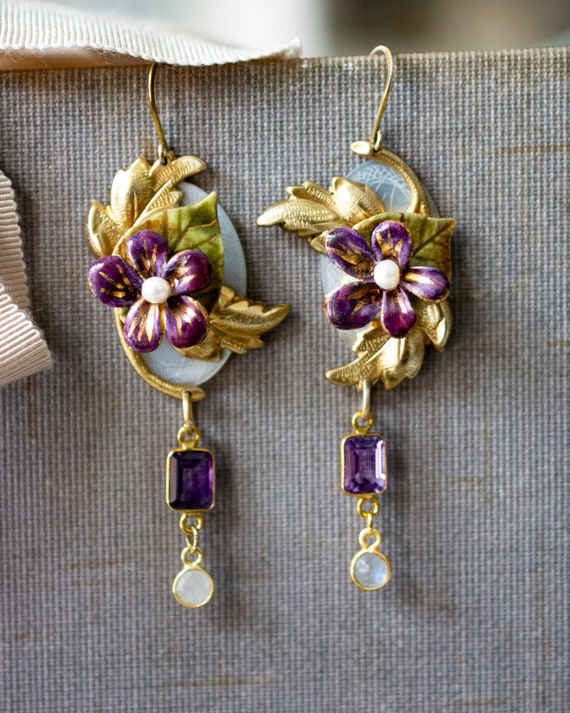 Boucles D'Oreilles Vintage Violet/Doré/Mauve - Fermoir Clip - Métal - Occasion Parfait État