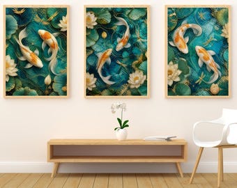 Elegante cuadro de estanque con peces koi y libélula de loto dorada (descarga digital) - TAMAÑO PERSONALIZADO DISPONIBLE.