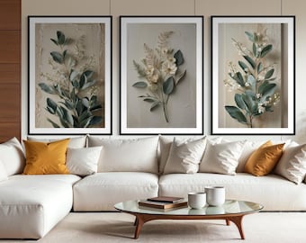 Eucalyptus Wildflower Botanical Print Set, Neutral Textured Wall Decor (Digital Download)
