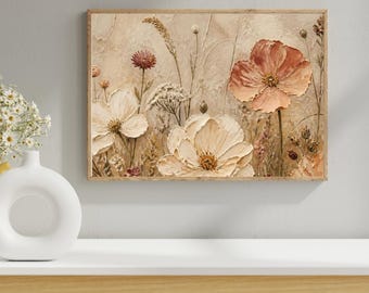 Textured Wildflower Art Print, Neutral Botanical Floral Painting (Digital Download)