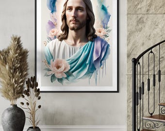 Jesus Christ Watercolor Portrait, Blue Floral Halo, Spiritual Wall Art (Digital Download)