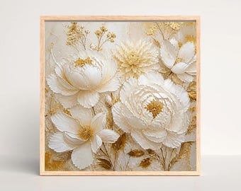 White Gold Floral Textured Print | Elegant Botanical Wall Art (Digital Download)