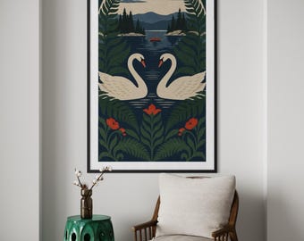 Swan Lake Folk Art Print, Vintage Nature Illustration, Mountain Lake Poster (Digital Download)
