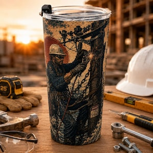 Bicchiere termico Power Lineman, personalizzabile, in acciaio inossidabile isolato da 20 once, con grafica ispirata all'arrampicata su palo in stile giapponese.