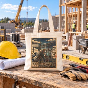 May include: A cream-coloured canvas tote bag featuring a graphic illustration of a person working on electrical equipment. The print includes the text "THUNDER ORDER" and Japanese characters, set against a background of industrial machinery and waves.