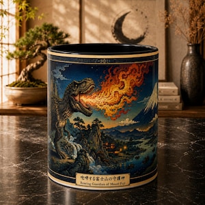 Fire-Breathing T-Rex Mug, Waterfall Valley and Mount Fuji, Two-Tone Ceramic, 11oz or 15oz