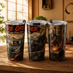 Könnte beinhalten: Drei zylindrische Becher mit durchsichtigen Deckeln, die einen Grafikdruck eines Schweißers bei der Arbeit, einen Berg und den Text FIRE ORDER Dragon Forge Master, Takumi Works, Skill, Precision und Safety in Orange, Schwarz und Blau zeigen.