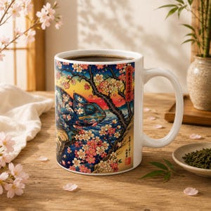 Colorful Chameleon Mug, Sakura Blossoms with Mount Fuji Waves, 11oz or 15oz White Ceramic