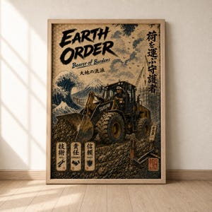 May include: A framed poster featuring a yellow front-end loader with the word TAKUMI on the side. The background shows a large wave and a mountain. Text includes EARTH ORDER, Bearer of Burdens, and Japanese characters. Three boxes at the bottom display icons for skill, responsibility, and trust.