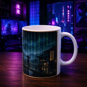 May include: A white ceramic mug featuring a digital art print of a traditional Japanese building at night with a bridge, rain, and falling green code characters. The scene includes a person holding an umbrella and a sign with Japanese text.