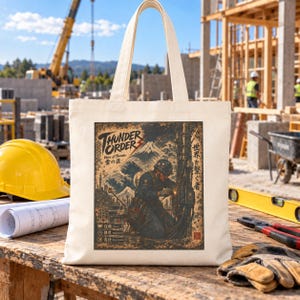 May include: A beige canvas tote bag featuring a graphic print of a worker welding electrical equipment. The design includes the text 'THUNDER ORDER', 'Voice of Thunder', Japanese characters, and a mountain landscape in a dark, detailed illustration style.