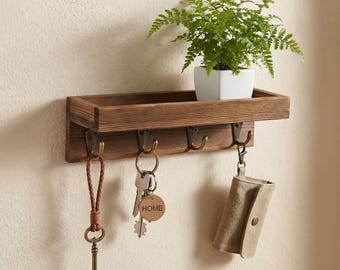 Rustic Wooden Key Holder Shelf with Hooks | Farmhouse Entryway Organizer