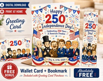 Tarjeta del 250 aniversario de Estados Unidos, tarjeta imprimible del Día de la Independencia, descarga digital del 4 de julio, tarjeta de bolsillo + marcapáginas