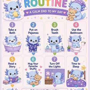 以下が含まれることがあります： MY BEDTIME ROUTINE A CALM END TO MY DAYというタイトルの薄紫色の教育用ポスター。青いウーパールーパーのキャラクターが、入浴、パジャマへの着替え、歯磨き、トイレ、読書、テディベアの抱っこ、消灯、就寝という8つのステップを行う様子が描かれています。