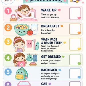 May include: A colorful morning routine chart for children titled MY MORNING ROUTINE BEFORE SCHOOL. It features seven numbered steps with illustrations including a child waking up, eating breakfast, washing, dressing, a backpack, a car, and a school building.