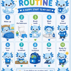 May include: A My Morning Routine chart featuring a light blue axolotl character. The poster displays ten numbered steps for daily tasks, including waking up, brushing teeth, and packing a backpack, with colourful illustrations and the text Little Calm Learners.