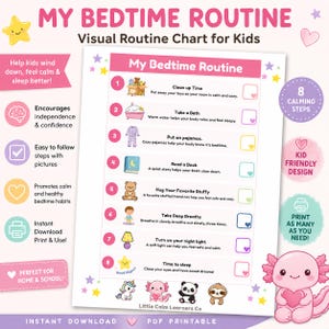 子供の就寝ルーティン表｜視覚的なスケジュール表、ADHDや自閉症児にも配慮（デジタルダウンロード）