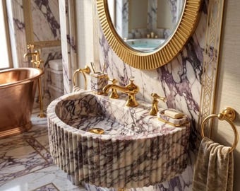 Calacatta Viola Marble Sink, Ribbed Front, Round Edges (Compact Size)