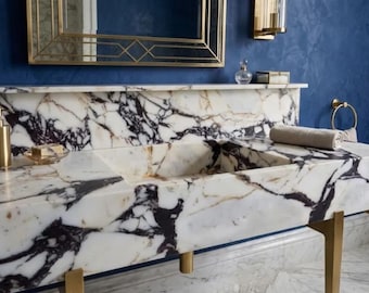 Pia de mármore Calacatta Viola com painel traseiro (Feita à mão, pedra natural)