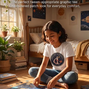 May include: A white short-sleeved t-shirt featuring a circular graphic on the chest. The graphic depicts a rocket ship launching into space with the text Deep Sky Explorer and Est. 1969. The design is rendered in shades of orange, blue, and white.