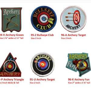May include: A collection of archery-themed patches. Designs include targets, bows and arrows, and the word "Archery." Sizes vary, with the largest being 2 inches wide and 2.5 inches tall.