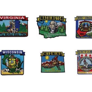 May include: Six embroidered patches featuring U.S. state designs. Each patch has a unique shape and depicts state symbols, landmarks, and text. States include Virginia, Washington, West Virginia, Wisconsin, Wyoming, and the District of Columbia.
