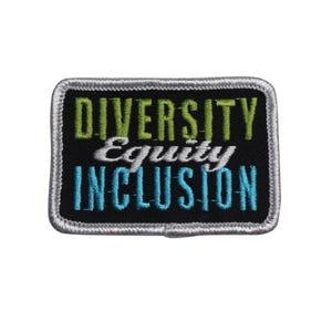 May include: Embroidered patch with the words "DIVERSITY Equity INCLUSION" in green, white, and teal blue. The patch has a black background and a silver border. The patch is rectangular.