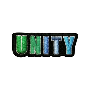 May include: Embroidered patch with the word "UNITY" in green, blue, and light blue letters. The letters have a 3D effect with a white outline and are set against a black background. The patch has a black border.