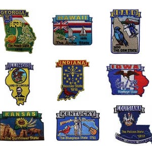 May include: A collection of embroidered patches featuring the shapes of U.S. states. Each patch displays state names, symbols, and slogans. States include Georgia, Hawaii, Idaho, Illinois, Indiana, Iowa, Kansas, Kentucky, and Louisiana. The patches are colorful and detailed.