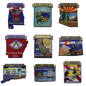 May include: Nine embroidered patches featuring U.S. state designs. Each patch showcases a state's outline, flag elements, and text. States include Alabama, Alaska, Arizona, Arkansas, California, Colorado, Connecticut, Delaware, and Florida.