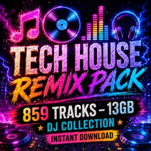 Può includere: Grafica digitale vibrante per un Tech House Remix Pack. Il design presenta una nota musicale, un disco in vinile e cuffie, tutti con accenti al neon. Il testo include "TECH HOUSE REMIX PACK", "859 TRACKS - 13GB" e "DJ COLLECTION".