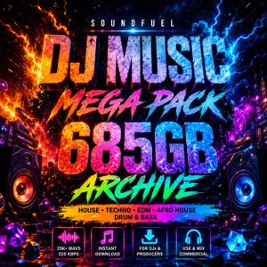 以下が含まれることがあります： DJ音楽メガパックを宣伝する鮮やかなデジタルグラフィック。デザインは、太字でカラフルなフォントで「DJ MUSIC MEGA PACK 685GB ARCHIVE」というテキストを特徴としています。画像には、ダウンロード、使用、および音楽ジャンルのアイコンが含まれています。