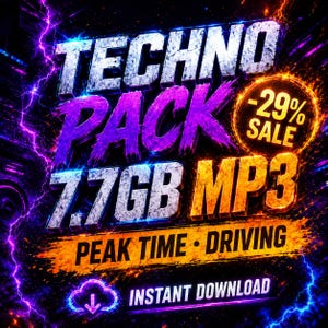 May include: A digital advertisement for a "Techno Pack" featuring the text "7.7GB MP3" and "Instant Download." The design uses a vibrant color scheme of purple, blue, and orange with lightning bolt accents and a "-29% SALE" badge.