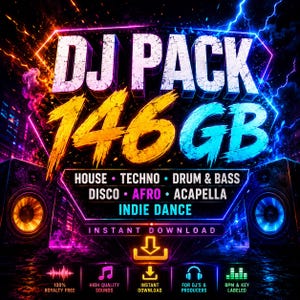 Pode incluir: Gráfico digital vibrante promovendo um pacote de DJ. O texto "DJ PACK 146GB" é exibido em destaque. Os gêneros listados incluem House, Techno, Drum & Bass, Disco, Afro, Acapella e Indie Dance. Download instantâneo e sons isentos de royalties.